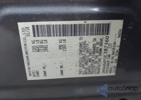 2018 Nissan Maxima 3.5 Sv из США, поврежденный, VIN 1N4AA6AP3JC387360